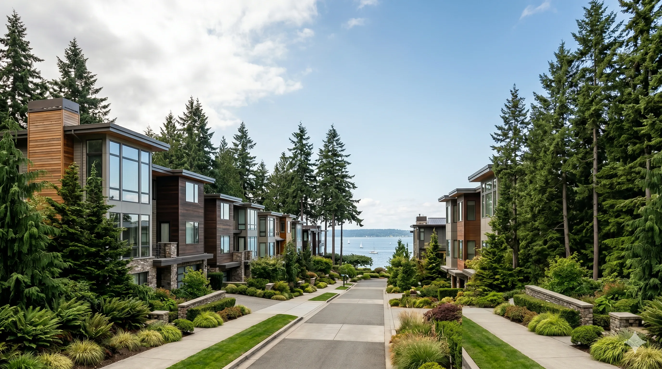 Tree-lined street of modern townhomes in a Kirkland, Washington community with a view of the water