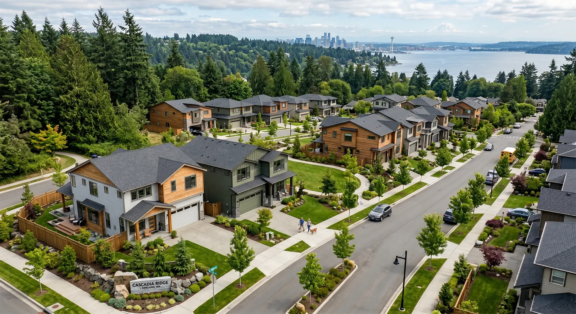 Aerial of a residential community near Kirkland, Washington with the Seattle skyline in the distance, managed by ST&R Portfolio Management